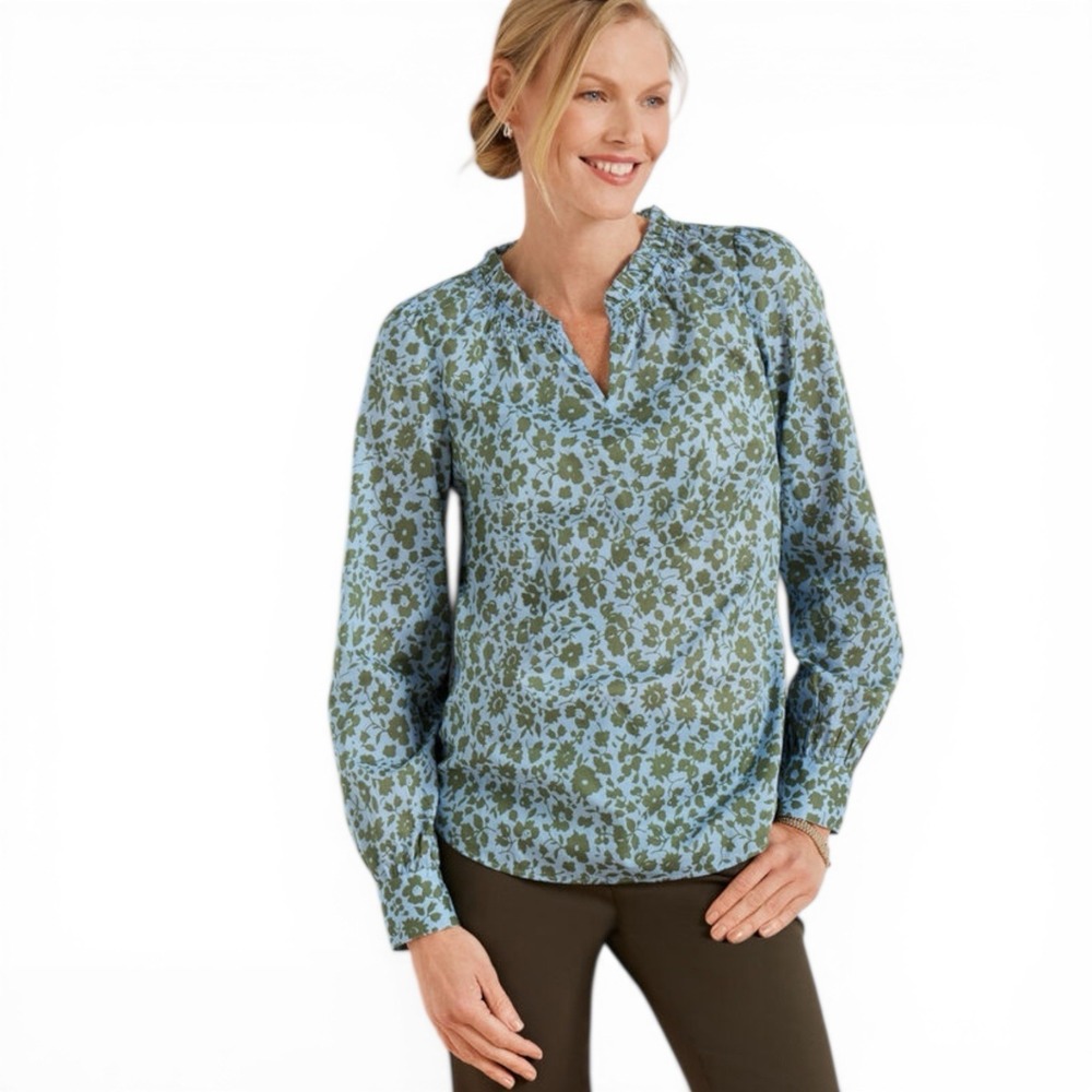 Talbots Blue Green Ditzy Floral V Neck Top Size XL P Boho Peasant Ruffle Neck